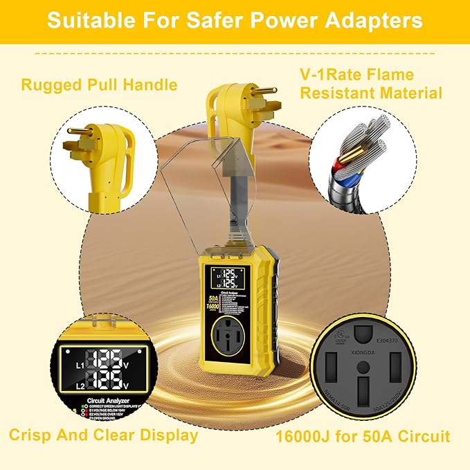 Rv Surge Protectors 50 Amp,16000 Joules Rv Circuit Analyzer with Waterproof Cover Safety Certification Led Display,Rv Voltage Protector for Camper, Travel Trailers (Yellow, 50A)