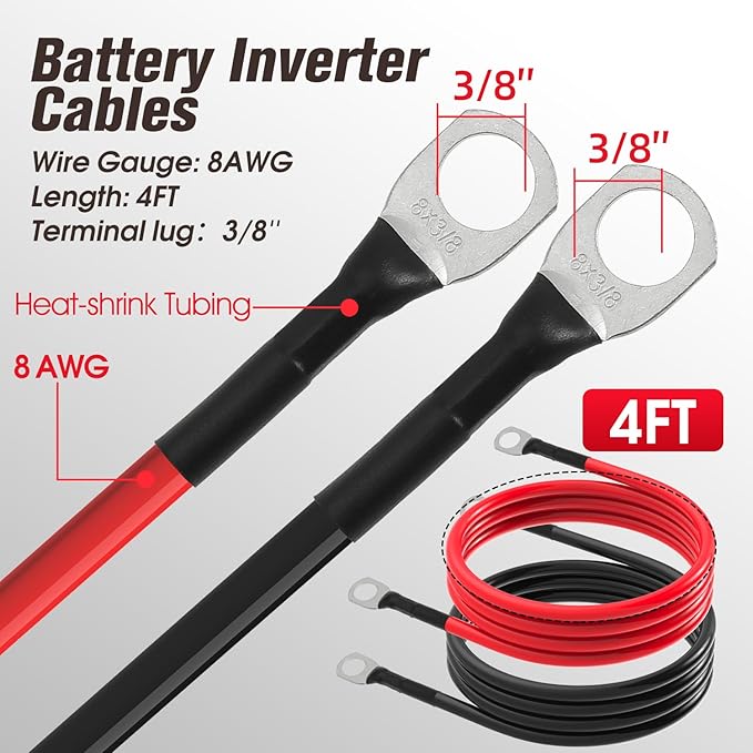 8 AWG Battery Cable 8AWG Gauge Battery Inverter Cables for Automotive Solar Marine Boat RV Car Motorcycle (8 AWG, 4FT, 3/8")