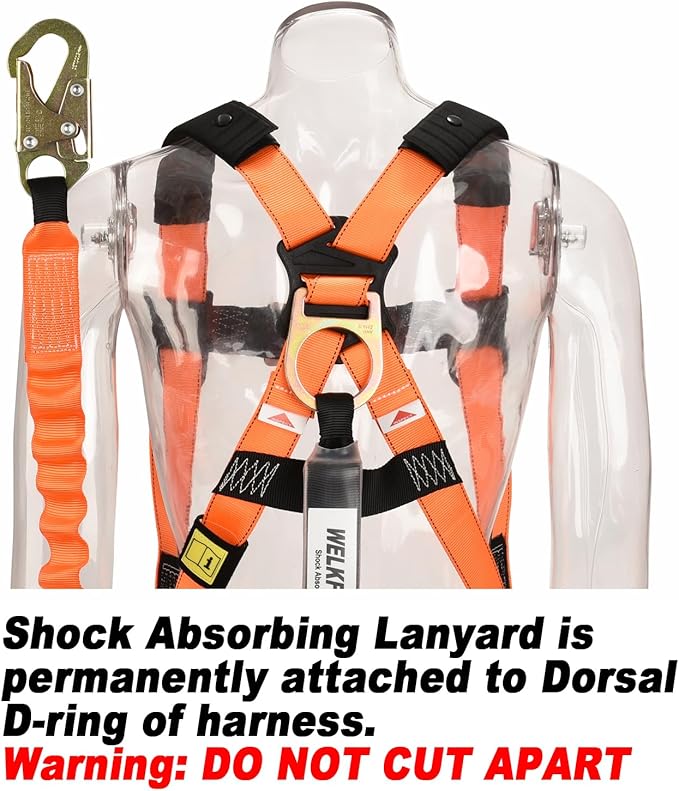 2-PACK 1D-Ring Industrial Fall Protection Safety Harness with 6-Foot Shock Absorber Stretchable Lanyard | Permanent attached Kit | ANSI Compliant Personal Fall Arrest System(PFAS)