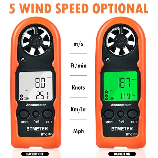 BTMETER Anemometer Handheld Wind Speed Meter, Mini Digital Air Flow Meter with LCD Backlight/Wind Chill & Temp, Max/Avg/Current Mode to Measure Air Flow Velocity for Kayaking Drone HVAC 816B-2pcs