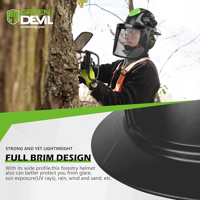 GREEN DEVIL Industrial Chainsaw Helmet with Face Shield Built in Visor and Ear Muffs 4 in 1 System ANSI Z89.1 Safety Hard Hat Adjustable Headgear Ideal for Forestry and Arborist Work Full Brim Style