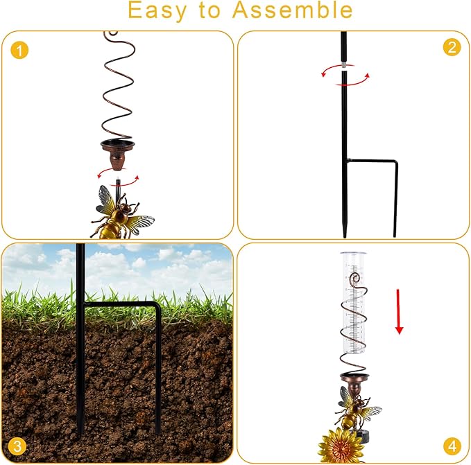 Rain Gauge Outdoor, Solar Rain Gauges for Yard, Freeze Proof Rain Gauge with 7" Plastic Tube, Bee Metal Decorative Garden Stake with Led Light, Yellow