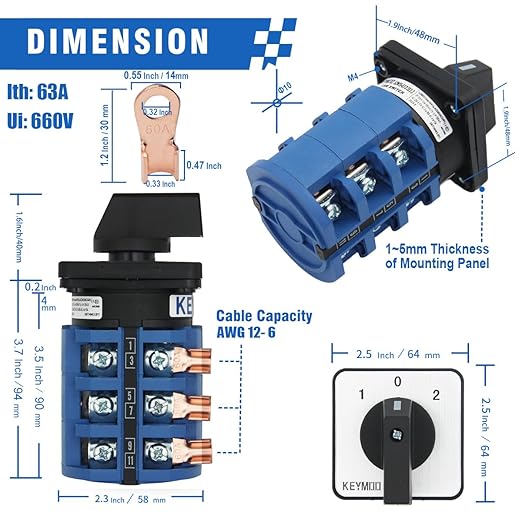 63A Rotary Change-Over Switch with Copper Cable Connector, 660V 3 Position 3 Phase 12 Terminals, Universal Selector Switch with AWG 12-6 Wire Open Lugs, Cam Switch 63/D303.3