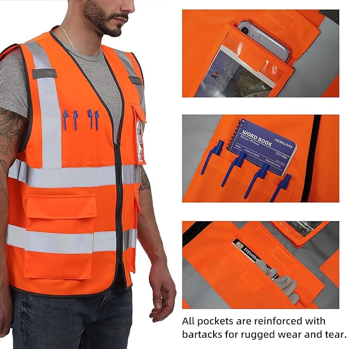 Dib Safety Reflective Vest ANSI Class 2, High Visibility Vest with Pockets and Zipper, Construction Work, Hi Vis