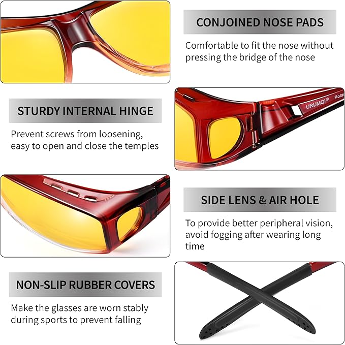 URUMQI Night Vision Driving Glasses Fit Over Eyeglasses for Men Women, Anti Glare Polarized Nighttime Glasses Yellow Lens