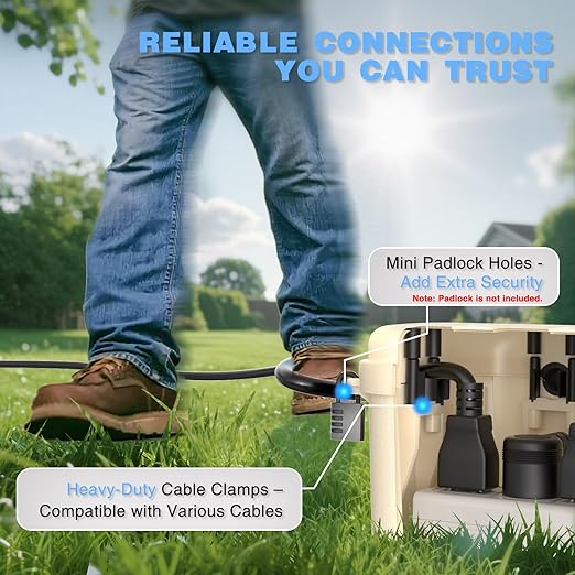Flemoon Medium Outdoor Electrical Box (11.5x5.2x4 inch), IP54 Waterproof Extension Cord Cover w/6 Cable Entry Ports, Weatherproof Connection Box for Power Strip, Timer, Holiday Lights, Almond