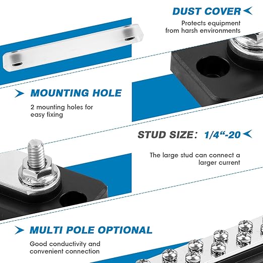 GLOSO Common Busbar M6 Studs Power Distribution Block Marine Bus bar Battery Terminal Distribution Block 10P 10X1