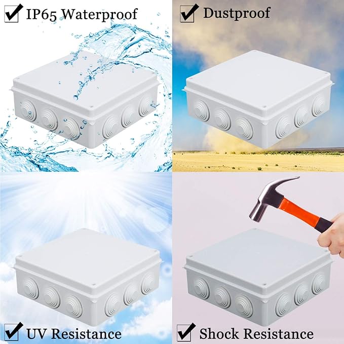 Sunnyglade ABS Plastic Electrical Junction Box IP65 Waterproof Universal Outlet Box Durable Outdoor Electrical Gang Box White （7.9 x 7.9 x 3.1 inch）