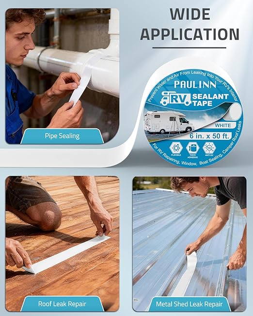 PAULINN RV Roof Sealant Tape, 6 Inch X 50 Foot Natural White Roofing Repair Tape, UV & Weatherproof Roof Seal Tape for RV Camper Trailer Boat Sealing Leak Repair