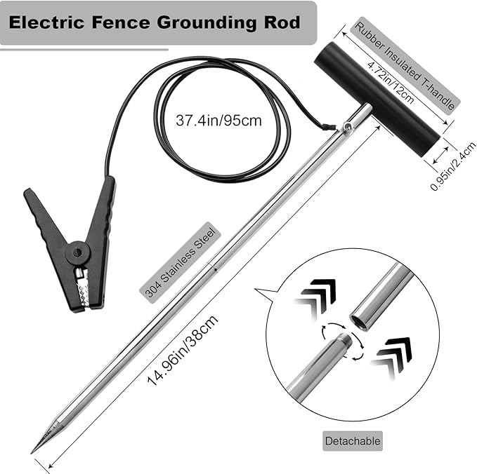 Electric Fence Grounding Rod Set with Jumpe Leads and Alligator Clips, Fits Solar Fence Chargers, Energizers, Ideal for Farm Garden Fence