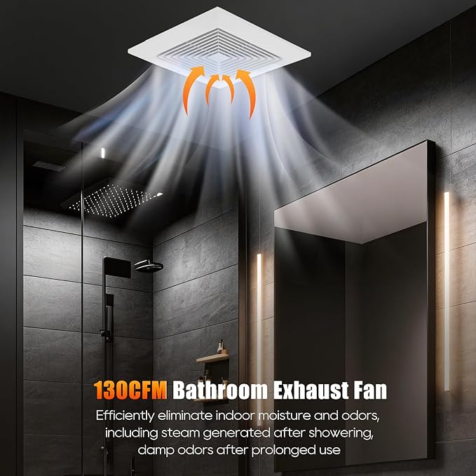Bathroom Exhaust Fan 12" Panel Ultra Quiet without Light（10x10 Mount）, 1.0 Sone 130CFM, 4" Duct for Bathroom/Garage/Home