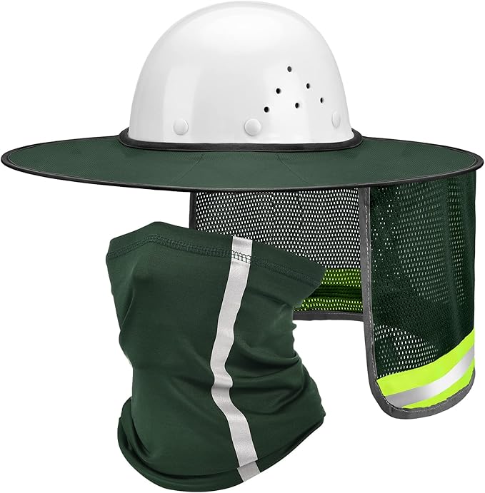 SATINIOR 2 Pcs Sun Hard Hat Neck Protection High Visibility Full Brim Mesh Sun Protection and Neck Gaiter Bandana Face Scarf for Construction Helmet Hard Hat Accessories, Reflective(Army Green)