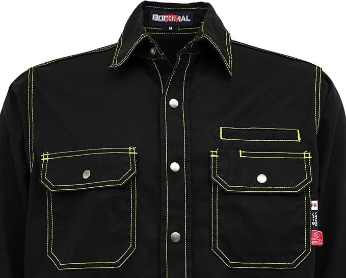 BOCOMAL FR Shirts for Men Snaps Down 7.5oz Water Repellent Fire Resistant Welding Jackets-NFPA2112 CAT2