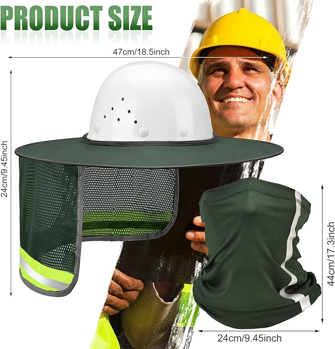 SATINIOR 2 Pcs Sun Hard Hat Neck Protection High Visibility Full Brim Mesh Sun Protection and Neck Gaiter Bandana Face Scarf for Construction Helmet Hard Hat Accessories, Reflective(Army Green)