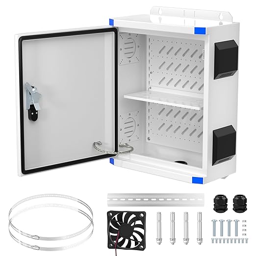 Joinfworld Outdoor Electrical Box 19.7"x15.7"x7.9" Metal Waterproof Vented Nema Enclosure with 12V Fan, Stainless Steel Junction Box with Cold Rolled Steel Plate Hinge Connection Din Rail