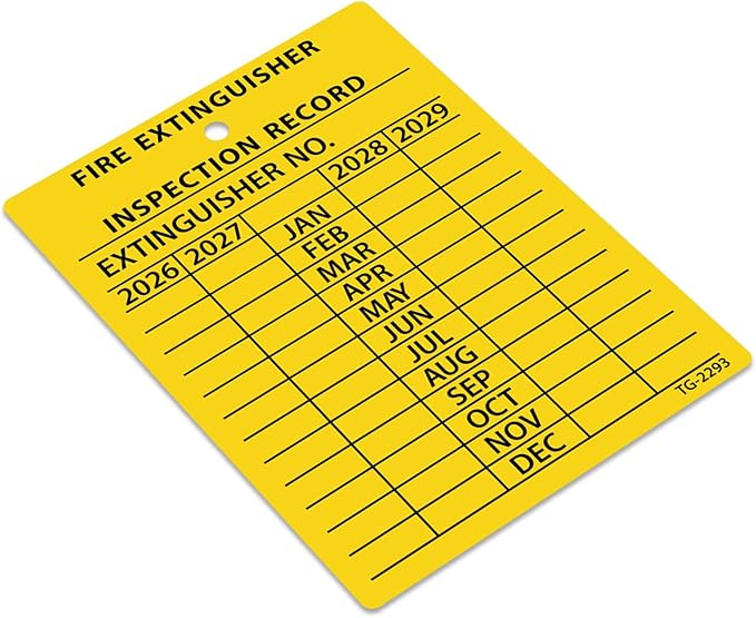 SmartSign 4-Year Yellow Fire Extinguisher Tags Monthly Inspection (10-Pack), 2.25" x 3", 2026 to 2029, Heavy-Duty Polyethylene, Tear Proof, 2+ Year Outdoor Life, Made in USA