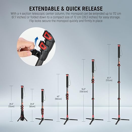 NEEWER 67.7" Camera Monopod Stand, Lightweight Carbon Fiber Travel Tripod with Detachable Base for DSLR Camcorder Video Recording, Telescopic Selfie Stick Trekking Pole, Max Load 13.2lb, TP71
