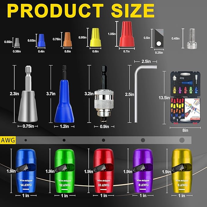 US Regulations Wire Stripping for Drill, Includ Wire Twisting Connector Kit, Professional Electrician Quickly Drill Wire Stripping Tools for 6/8/10/12/14 AWG