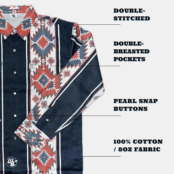 WoahBros FR Shirts for Men, 8oz Midweight Flame Resistant Welding Shirt, 100% Cotton, Pearl Snap Buttons - CAT2/NFPA2112