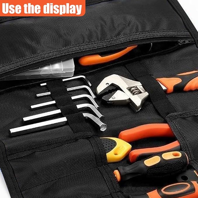 23 Pocket Car Tool Bag Roll Up Organizer - Portable Wrench Organizer & Tools Storage Bag with Zipper Pouch - Roll Up Tool Pouch with Easy-Grab Handle for Men Dad Boyfriend Mechanic (Gray)