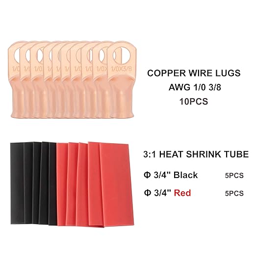 Sanuke 1/0 Gauge -3/8(M10) Battery Cable Lugs, 0 Gauge Heavy Duty Copper Ring Terminals 10 Pack, Wire Lugs with 3:1 Heat Shrink Tubing(UL Listed), Battery Cable Ends for Marine, Solar, Automotive, RV