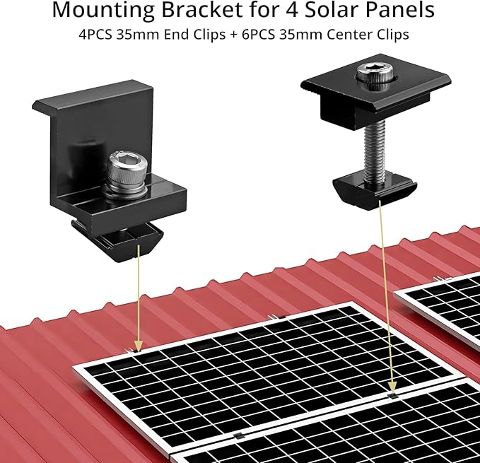 Anbte 10 PCS Solar Panels Brackets 35mm, Aluminium 6 x T-Shaped Mid Clamps + 4 x End Clamps, Solar Panel Mounting Brackets for Metal, Tin, Flat, Sheet Roofs, RV, Black