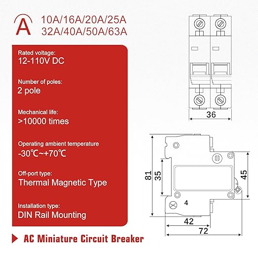 APIELE Miniature Circuit Breakers DC 12-110V, 6Amp 2Pole Circuit Breaker for Solar photovoltaic Systems, Battery Power Systems, DIN Rail Mount DC Disconnect Switch (2P-6A)