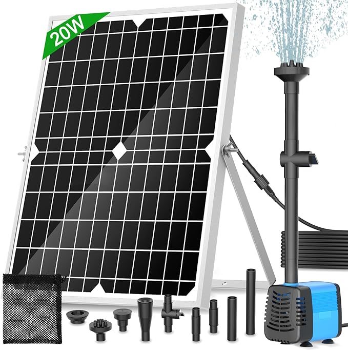 Solar Pond Pump, 20W Solar Fountain Pump with 350GPH Flow & 4 Spray Styles, 16.5Ft Extendable Power Cord, Debris Barrier Bag for Outdoor Fountain, Ponds, Fish Tank, Waterfall, Garden Water Features