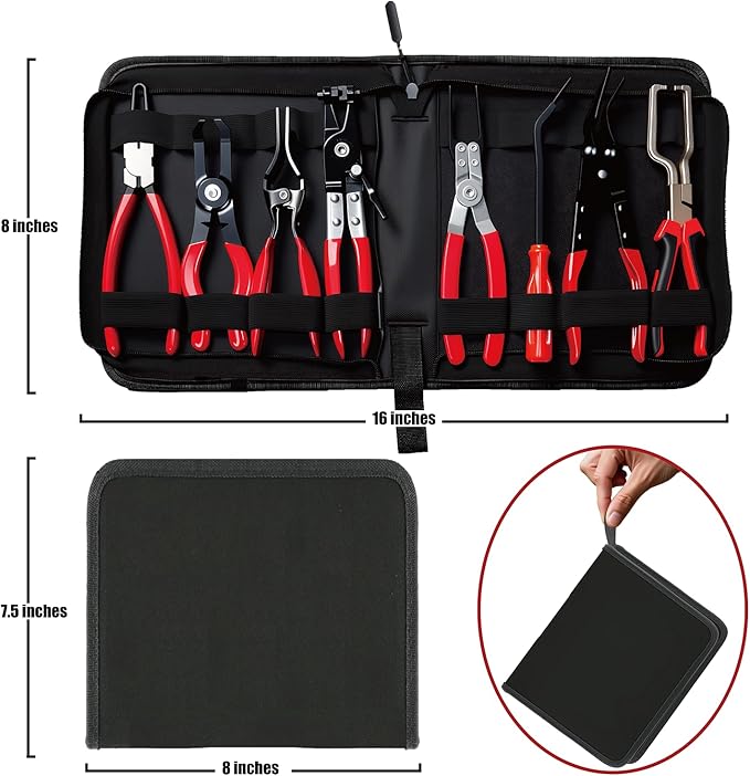 8-Piece Fuel Line Disconnect Tool Set, Fuel Line/Hose Clamp/Removal Pliers, Electrical Disconnect/Push Pin Tools, Relay Puller, Panel Clip Remover & Filter Caliper with Storage Case.