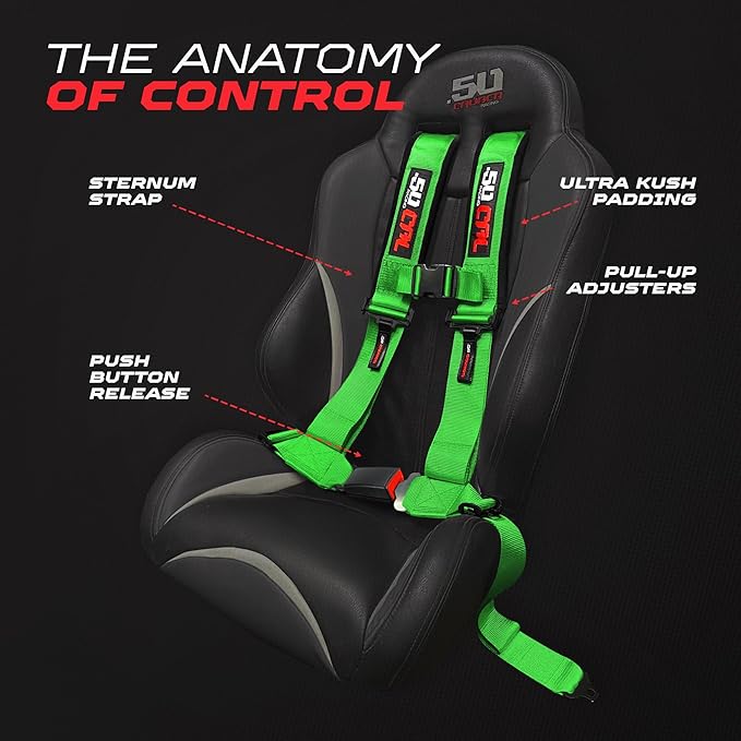 1pc 4 Point Harness for Bucket Seat, Push Release, 10 Color Options, Racing Harness, Race Car, Off Road, UTV, RZR (Green, 3 inch)