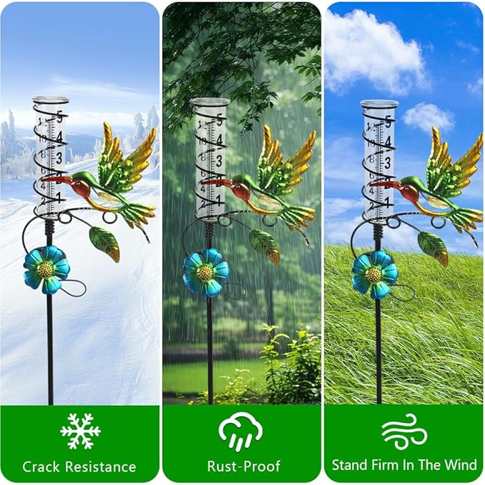 2PS Hummingbird Rain Gauge Outdoor,Solar Powered LED Lights Decorative Rain Gauge with 5 Inch Glass Tube for Yard,Garden,Patio,Lawn
