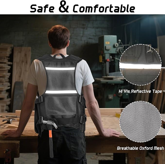 Electrician Tool Vest for Men, Reflective Safety Work Vest with Adjustable Thick Straps, Removable Phone Holder for Electrical, Carpenters, Construction, 22 Pockets