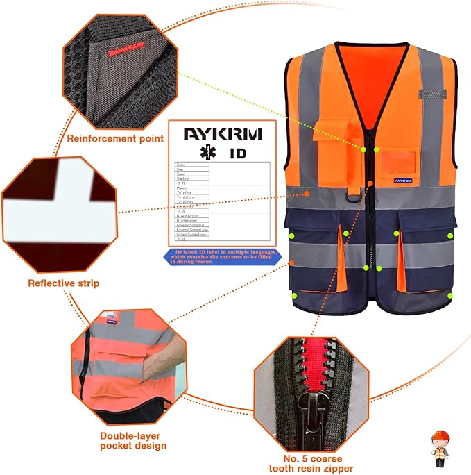 A-SAFETY High visibility vest,Reflective Safety Vest Workwear 7 Pockets Hi Vis Durable Vest with Reflective Tapes 4 Lower Pockets,Orange&Navy M