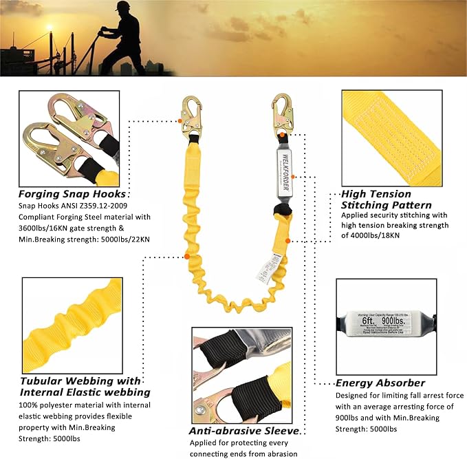 [2-Pack] 6-Foot Shock Absorber Stretchable Safety Lanyard with Double Snap Hook Connectors ANSI Z359.13-2013 Compliant Fall Protection Equipment