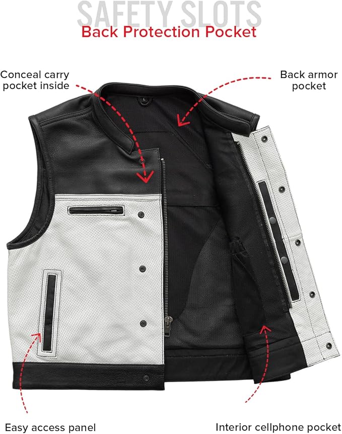 First Mfg Co Lowrider Mens Motorcycle Biker Riding Armor Club Style Black Leather, Twill, Moto Mesh, Perforated Vest