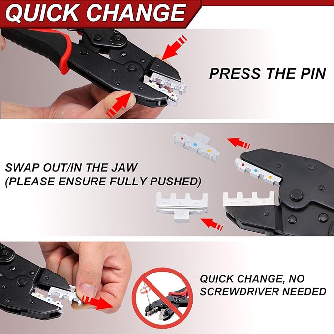 Mayouko 7PCS Quick Change Wire Crimping Tool Set for Heat Shrink, Insulated Nylon, Non-Insulated, Wire Ferrules, Open Barrel Terminals, Solar Connectors, Crmiper with 6 Interchangable Die