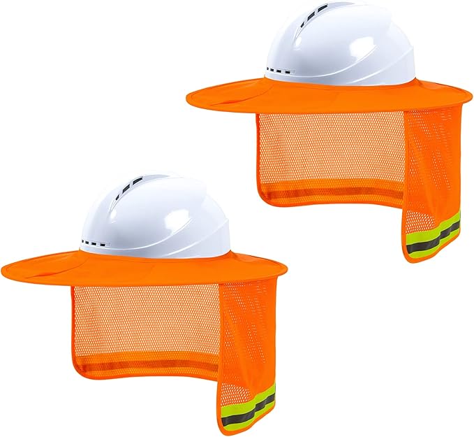 Hard Hat Sun Shade, High Visibility Sun Visor Neck Shade with Reflective Strip, Full Brim, Man & Woman (Hard Hat Not Included), Orange, 2 Pack