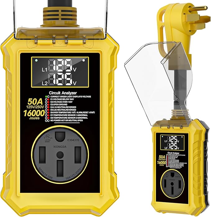 Rv Surge Protectors 50 Amp,16000 Joules Rv Circuit Analyzer with Waterproof Cover Safety Certification Led Display,Rv Voltage Protector for Camper, Travel Trailers (Yellow, 50A)
