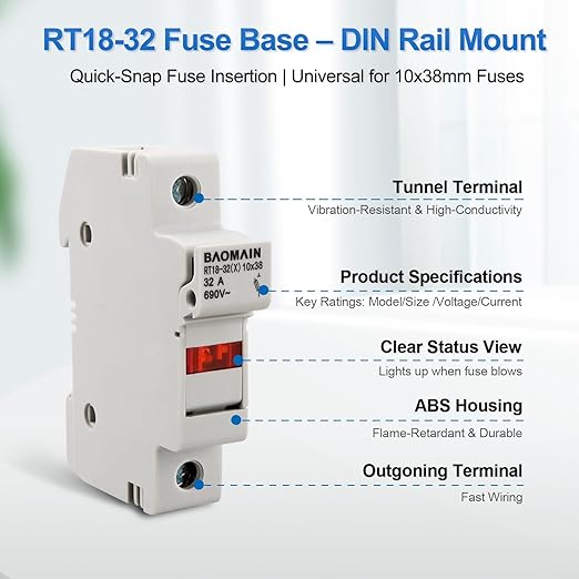 Baomain RT18-32 Fuse Holder Base with 10x3A Ceramic Fuses (10x38mm) – 1 Pole DIN Rail Mount, LED Indicator, CE Certified (3 Amp)