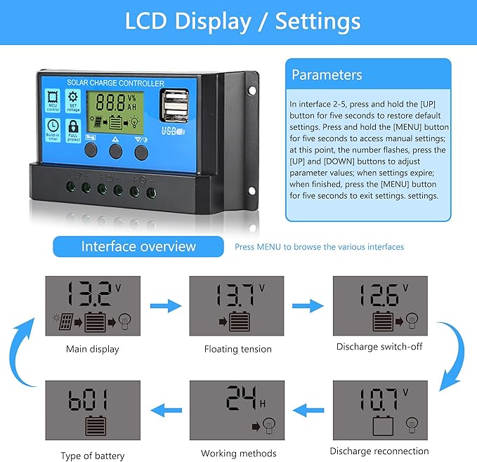 Anern 30A Solar Charge Controller, 12V/24V Dual USB Solar Panel Battery Intelligent Regulator with LCD Display, PWM Auto Parameter Adjustable, Timer Setting, Multiple Load Control Modes