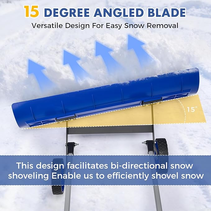 Heavy-Duty Snow Shovel for Driveway - 2-Wheel Snow Shovel with 37-Inch Steel Blade, Adjustable Handle & Blade Angle for Effortless Snow Removal, Perfect Snow Plow for Driveways and Sidewalks