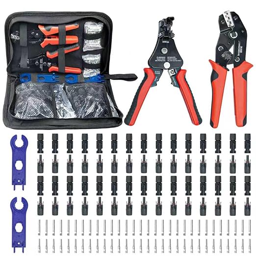 60PCS Solar Connector Crimping Tool Kit for Connecting Solar Panel Cable Wire, with 30 Pairs MC4 Connectors ，AWG13-10 Crimper and Stripper，2pcs Spanner Wrench，Solar Panel Connectors in the bag.