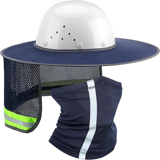 SATINIOR 2 Pcs Sun Hard Hat Neck Protection High Visibility Full Brim Mesh Sun Protection and Neck Gaiter Bandana Face Scarf for Construction Helmet Hard Hat Accessories, Reflective(Navy Blue)