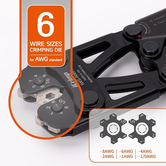 iCrimp Battery Cable Lug Crimping Tool Kit for Copper Lugs Awg 8-1/0,Battery Cable Crimper with 90pcs Copper Battery Lugs/Heat Shrink Tube