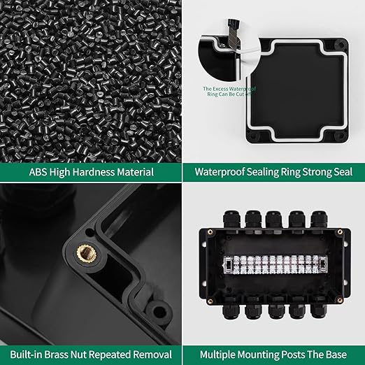 ABS IP67 Waterproof Dustproof Electrical Junction Box, with 15A 600V Barrier Terminal Cable Connector, 5 in/5 Out Power Junction Box（6.22 * 3.54 * 2.5in）