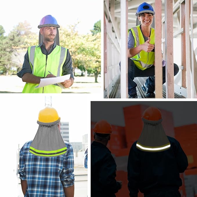 TCCFCCT Hard Hat Sun Shade, High Visibility Neck Shield with Secure-Fit Fastener, Mesh Neck Sun Shade Protector with Reflective Strip, Construction Helmets Use, Hard Hat Not Included, Grey, 5 Packs