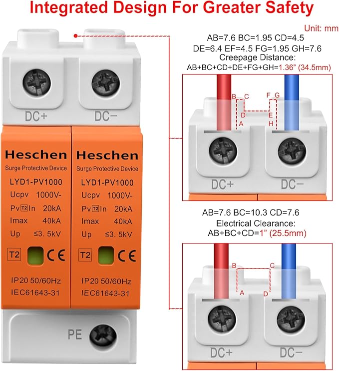 Heschen Surge Protective Device for PV, LYD1-PV1000, 2P 1000VDC 20-40KA, 35mm DIN Rail Mounting, for Lightning Protection Power Distribution and Control Appliances (1)