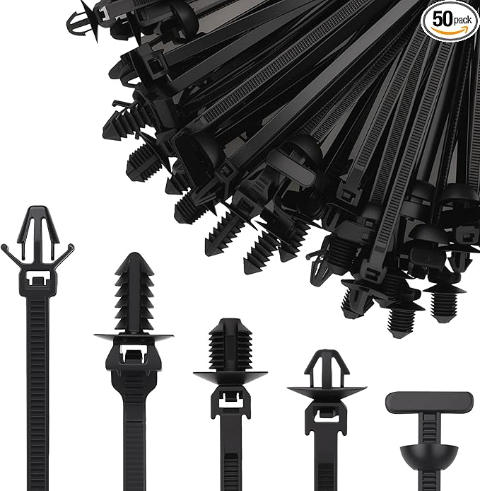 50PCS Universal Nylon Push Mount Cable Zip Tie, Heavy Duty Self Locking Zip Ties Holder, 5 Sizes Black Cable Tie Buckle, UV Resistant Multipurpose Tie Fasteners for Car Daily Repair(5 Types)