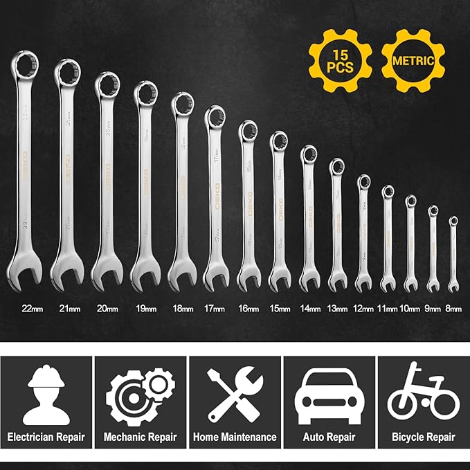 DEKOPRO Combination Wrench Set, Metric, 15-piece, 8-22mm, 12-Point, Chrome Vanadium Steel, with Plastic Tray