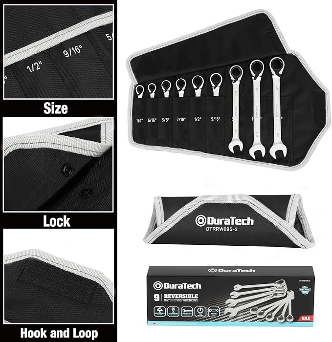 DURATECH Reversible Ratcheting Combination Wrench Set, SAE, 9-Piece, Open end Spanner with Rolling Pouch, 1/4'' to 3/4", 12 Point, CR-V Steel